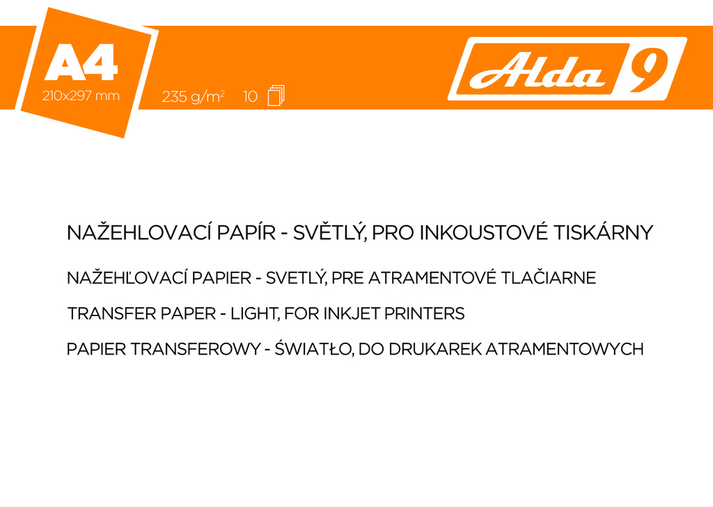 Zažehlovací materiál pro tisk na textil  - Transfer paper A4, 160g/m2, 10 listů